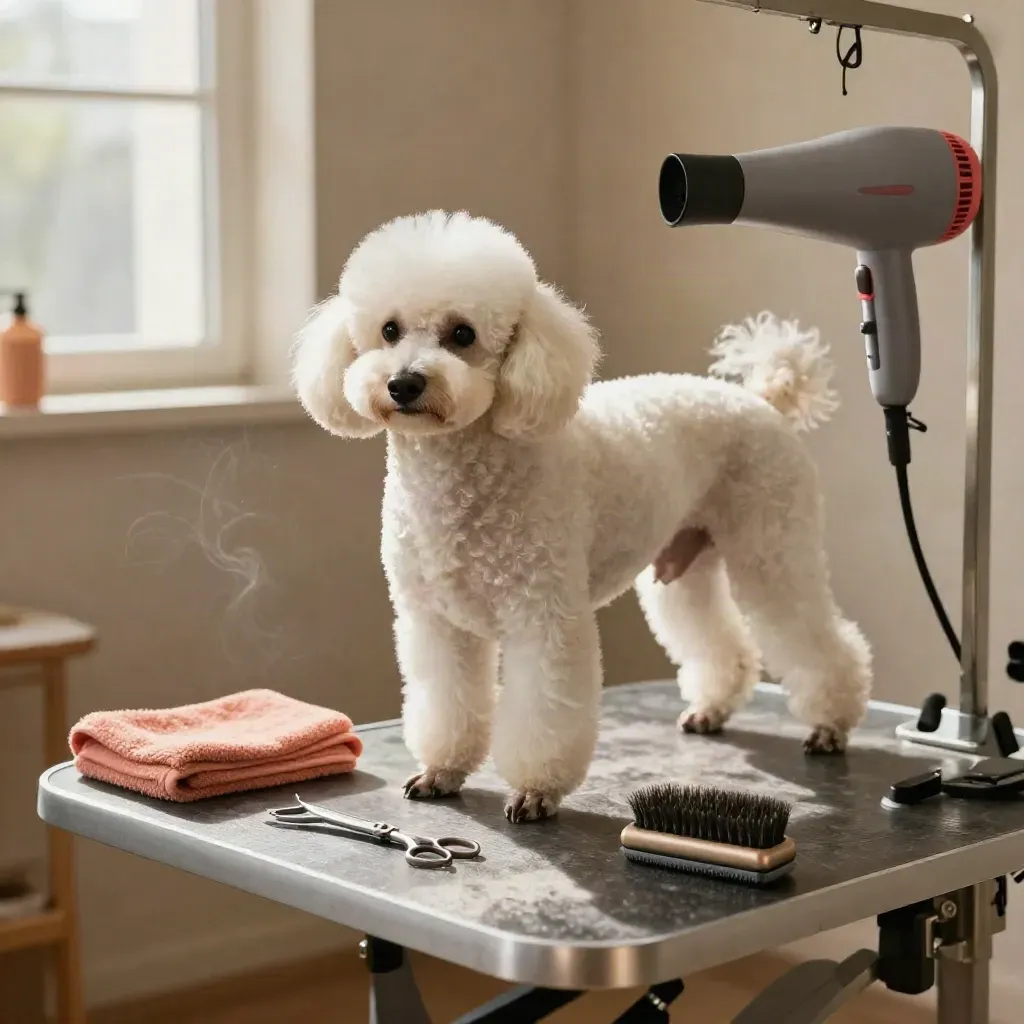 Caniche blanco recién secado en mesa de peluquería con herramientas y toalla coral.